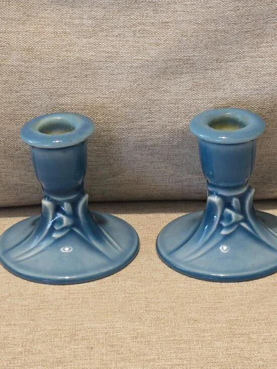 RARE Rookwood Pottery Art 1940s Candle Holders #6532 Blue Ceramic Glazed Vintage - Picture 2 of 5